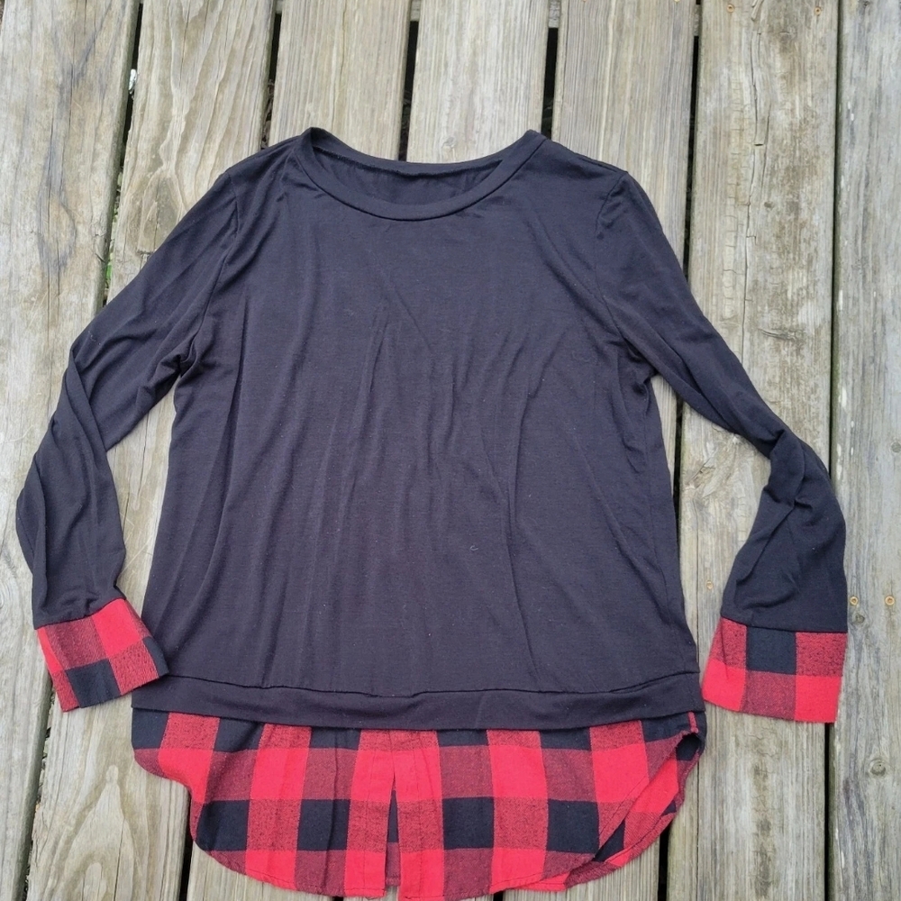 Tunic Black With Red Buffalo Plaid Long Sleeve Loose Fitting Top Womens Large